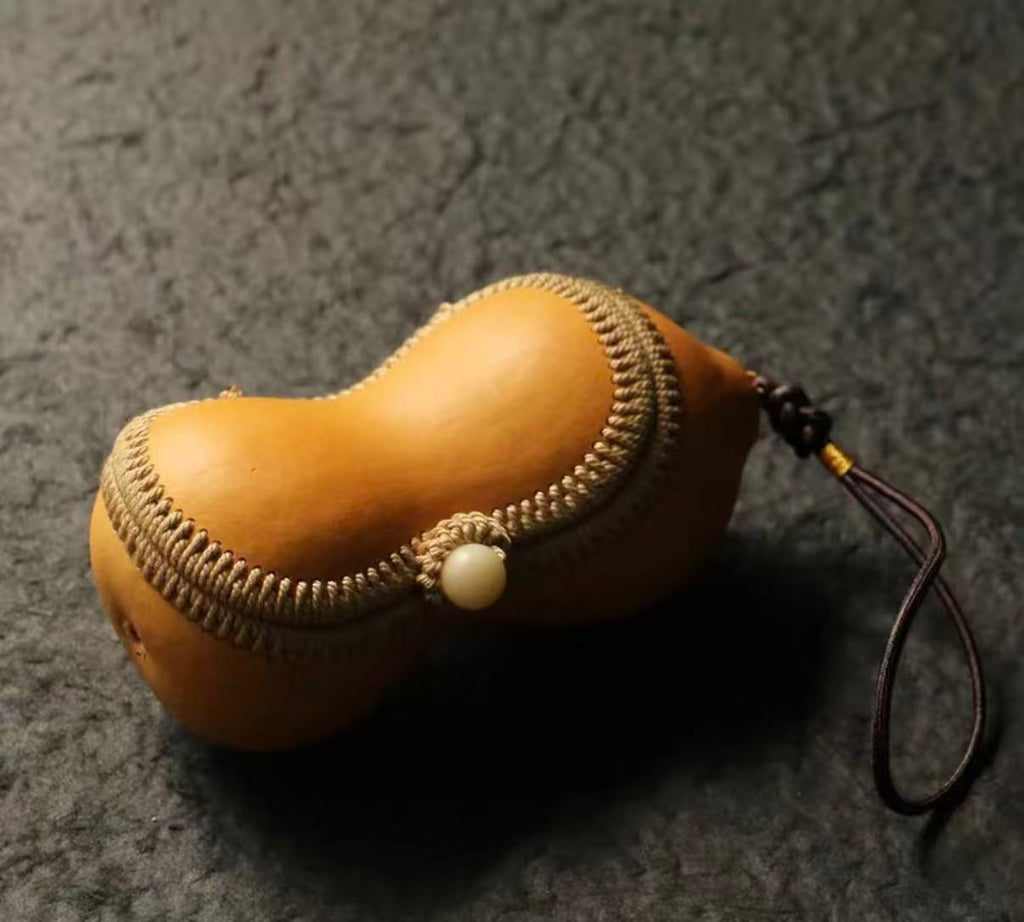 Handcrafted Natural Gourd Amulet with Handwoven Trim & Jade Bead - Unique Boho Hanging Charm for Good Fortune