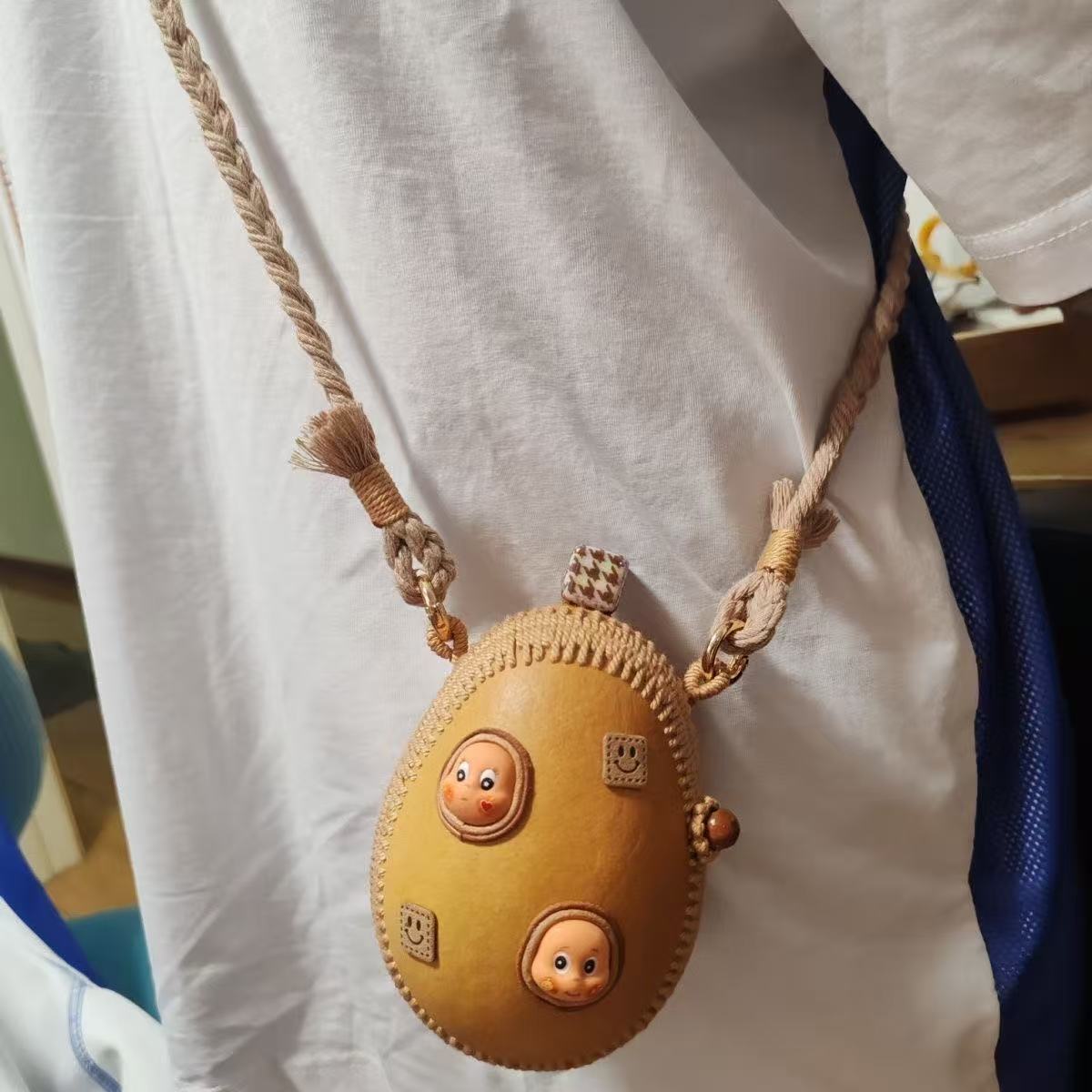 Handmade Natural Gourd Crossbody Bag with Cute Cartoon Faces - Mini Boho Purse for Women