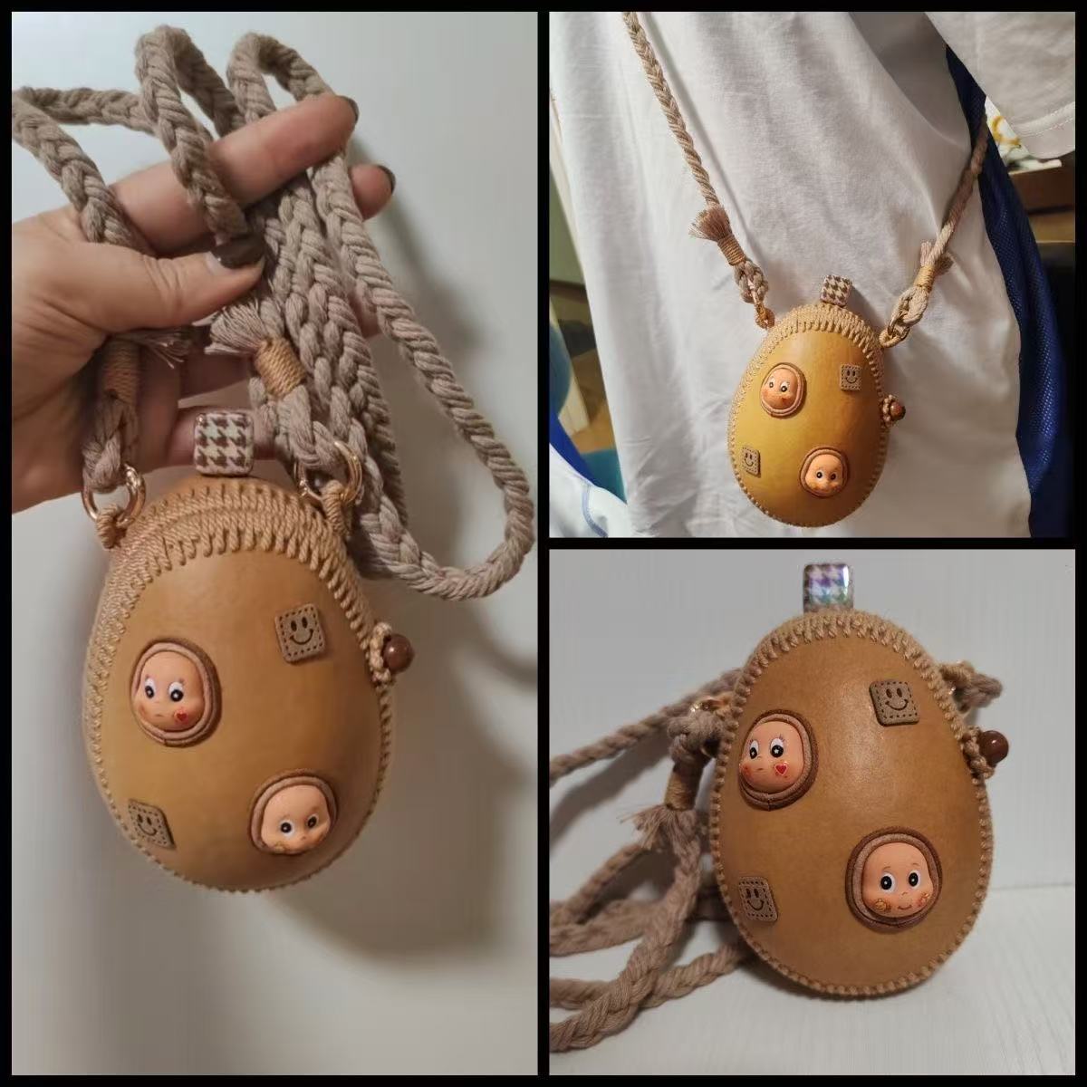 Handmade Natural Gourd Crossbody Bag with Cute Cartoon Faces - Mini Boho Purse for Women