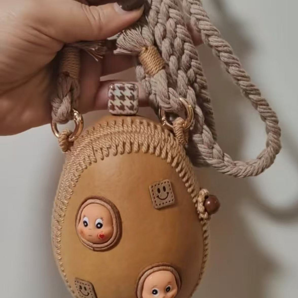 Handmade Natural Gourd Crossbody Bag with Cute Cartoon Faces - Mini Boho Purse for Women