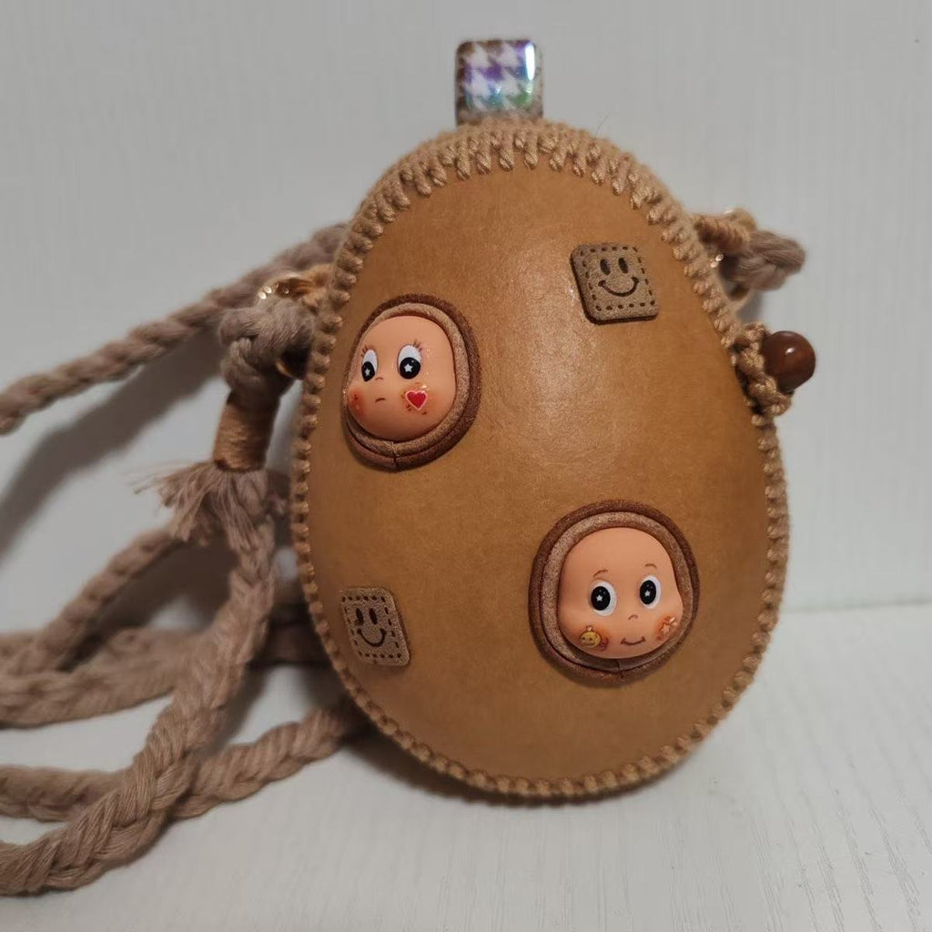 Handmade Natural Gourd Crossbody Bag with Cute Cartoon Faces - Mini Boho Purse for Women