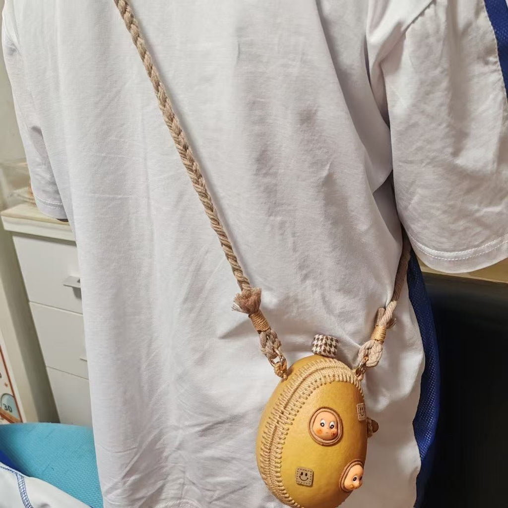 Handmade Natural Gourd Crossbody Bag with Cute Cartoon Faces - Mini Boho Purse for Women