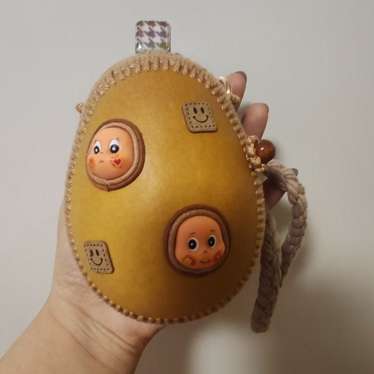Handmade Natural Gourd Crossbody Bag with Cute Cartoon Faces - Mini Boho Purse for Women