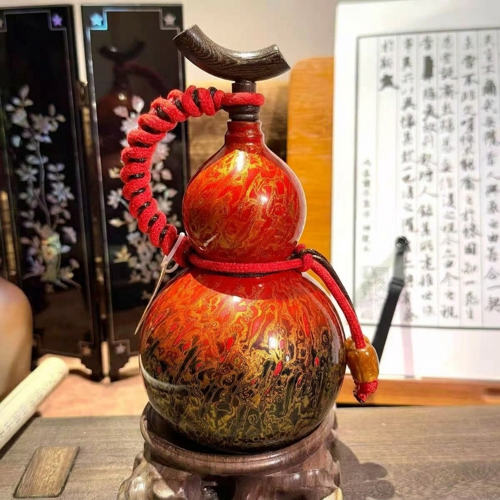 Handcrafted Chinese Lacquer Gourd Ornament - Traditional Feng Shui Natural Gourd Decor